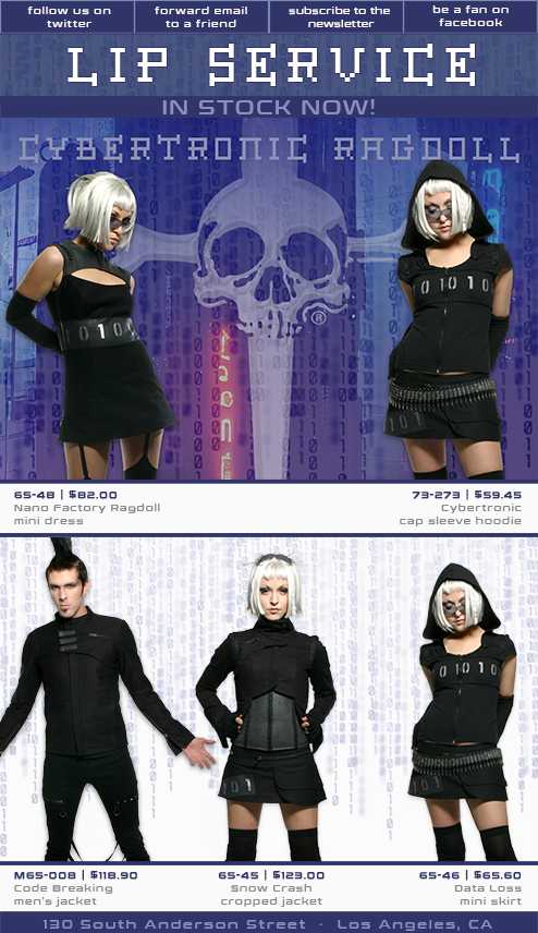 Los Angeles graphic designer Mich Fisher - fashion marketing product launch in stock email campaign for Lip Service Cybertronic Ragdoll