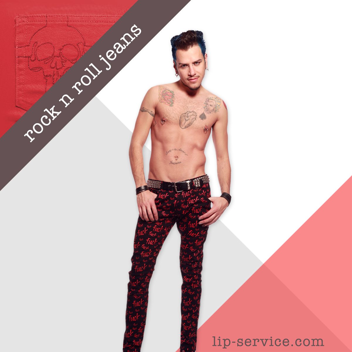 Los Angeles freelance graphic designer Mich Fisher - fashion marketing product launch in stock social media graphics, feature graphics, and hero section graphics for Lip Service Rock n Roll Jeans