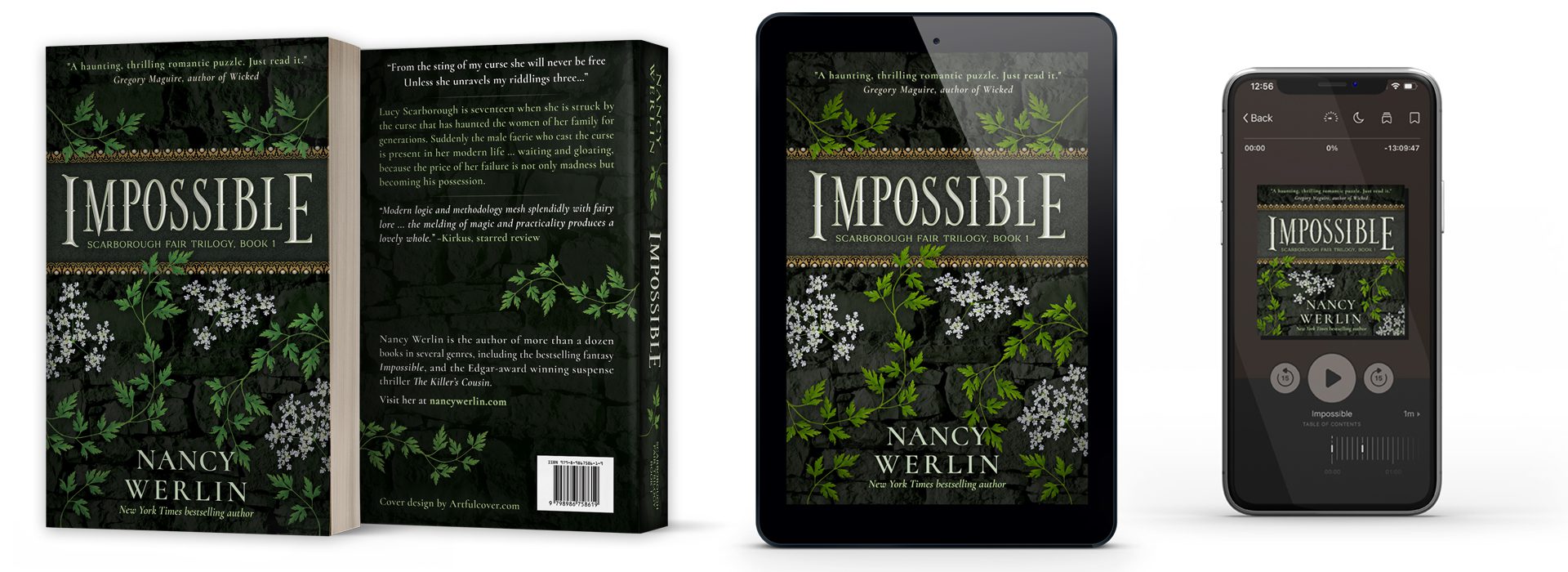 fantasy book cover design and series branding design by Los Angeles freelance graphic designer Mich Fisher (Artful Cover) - audiobook cover design, ebook cover design, and paperback cover design - Scarborough Fair Trilogy - Impossible by Nancy Werlin