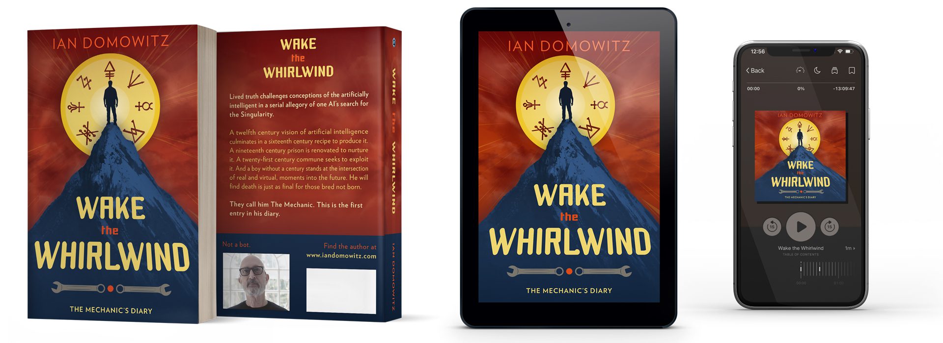 science fiction book cover design and series branding design by Los Angeles freelance graphic designer Mich Fisher (Artful Cover) - audiobook cover design, ebook cover design, and paperback cover design - The Mechanic's Diary by Ian Domowitz