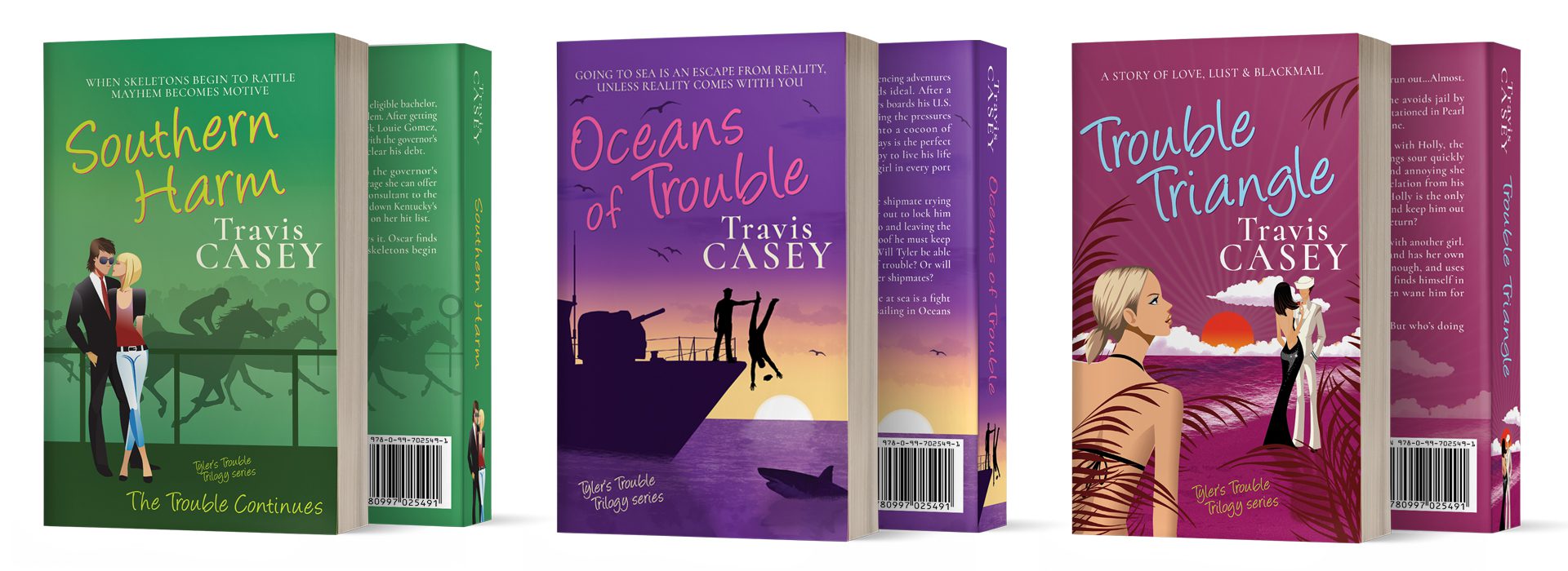 Los Angeles freelance graphic designer Mich Fisher(Artful Cover) - custom book cover design and series branding design- Tyler's Trouble Trilogy by Travis Casey