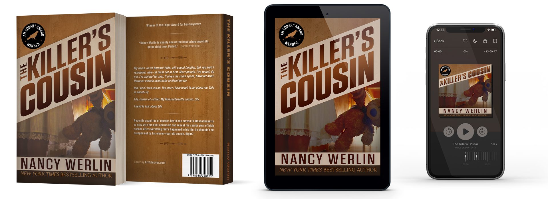 thriller book cover design and series branding design by Los Angeles freelance graphic designer Mich Fisher (Artful Cover) - audiobook cover design, ebook cover design, and paperback cover design - The Killer's Cousin by Nancy Werlin