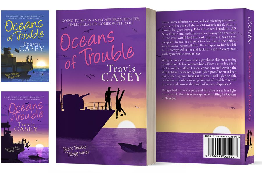 Book cover design by Los Angeles graphic designer Michele Fisher - recreation of existing series covers for consistent book series branding - Tyler's Trouble Trilogy, Oceans of Trouble by Travis Casey