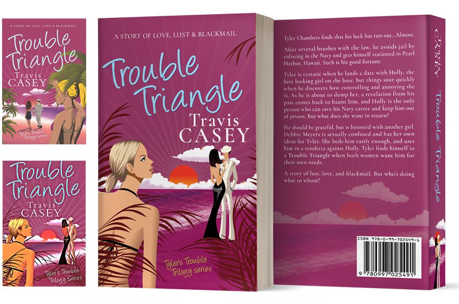 Book cover design by Los Angeles graphic designer Michele Fisher - recreation of existing series covers for consistent book series branding - Tyler's Trouble Trilogy, Trouble Triangle by Travis Casey