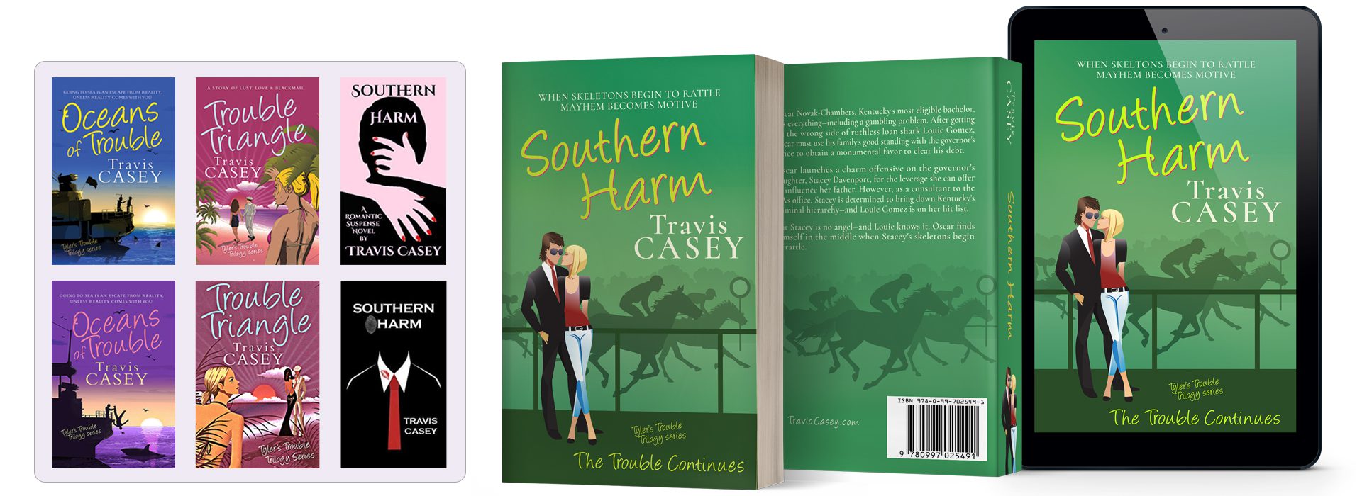 Book cover design by Los Angeles graphic designer Michele Fisher - expanding an existing series with consistent book series branding - Tyler's Trouble Trilogy, Southern Harm by Travis Casey